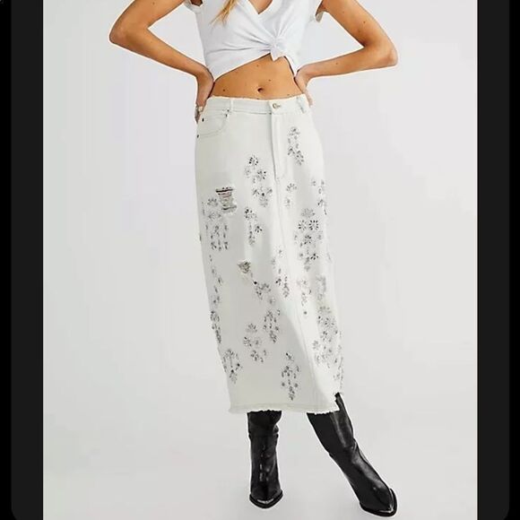 New Free People Diamond in the Rough Midi Skirt Size 2 #220 - Picture 1 of 4